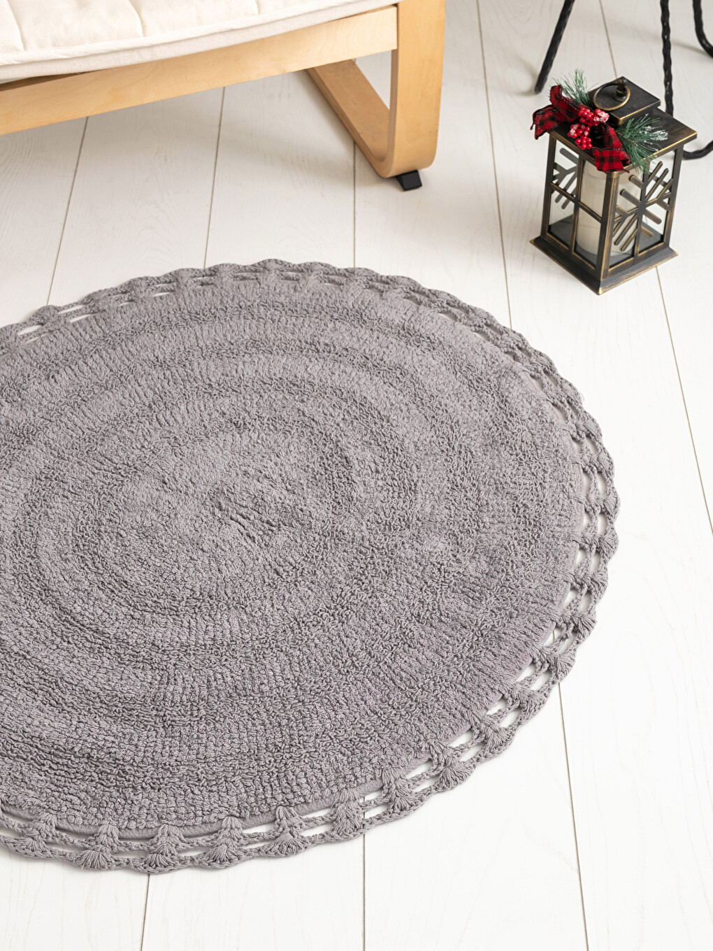 Gri Pamuklu Yuvarlak Banyo Paspası 80x80 cm