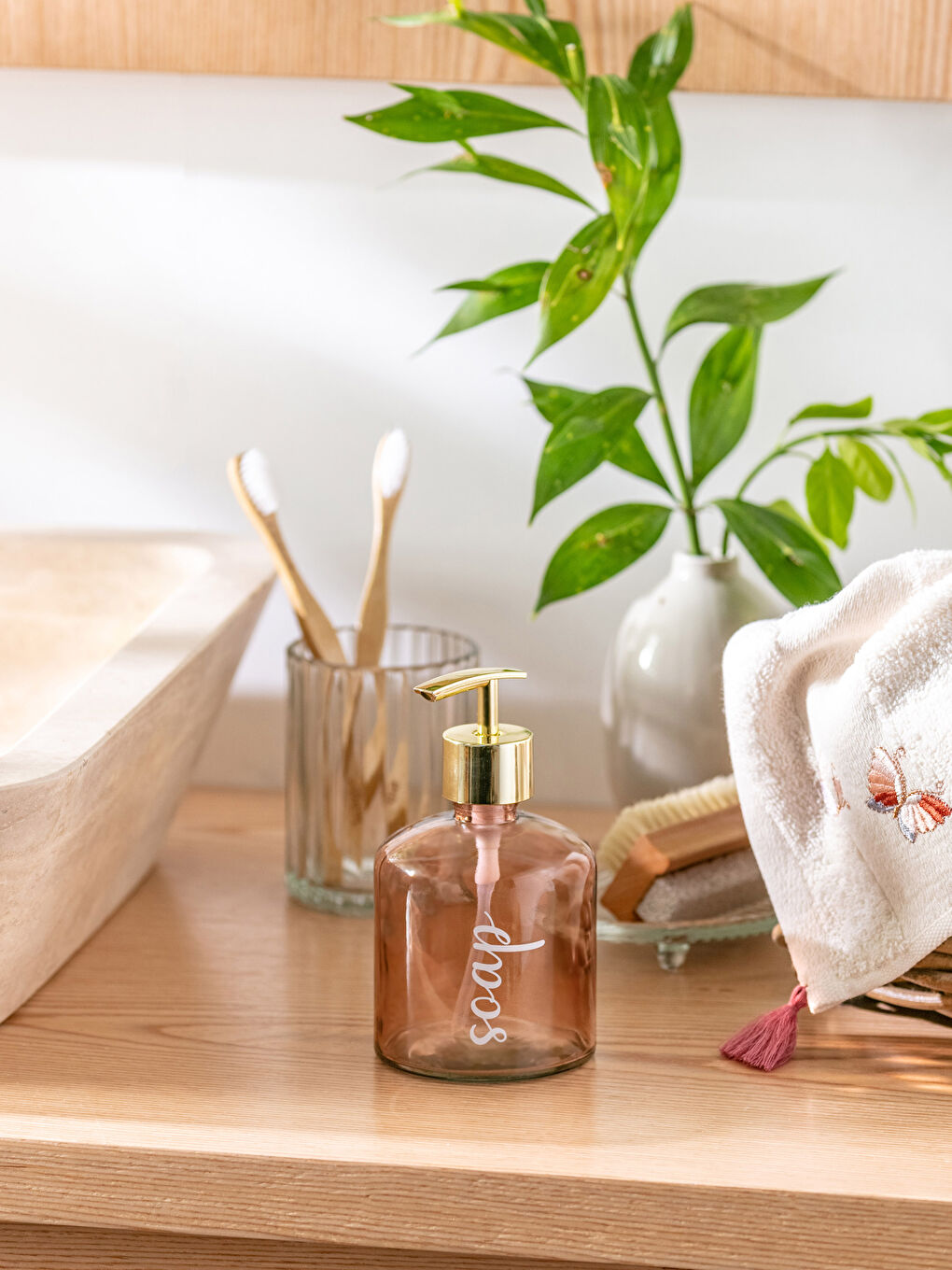 Text Printed Glass Liquid Soap Dispenser 8x8x15 Cm-1