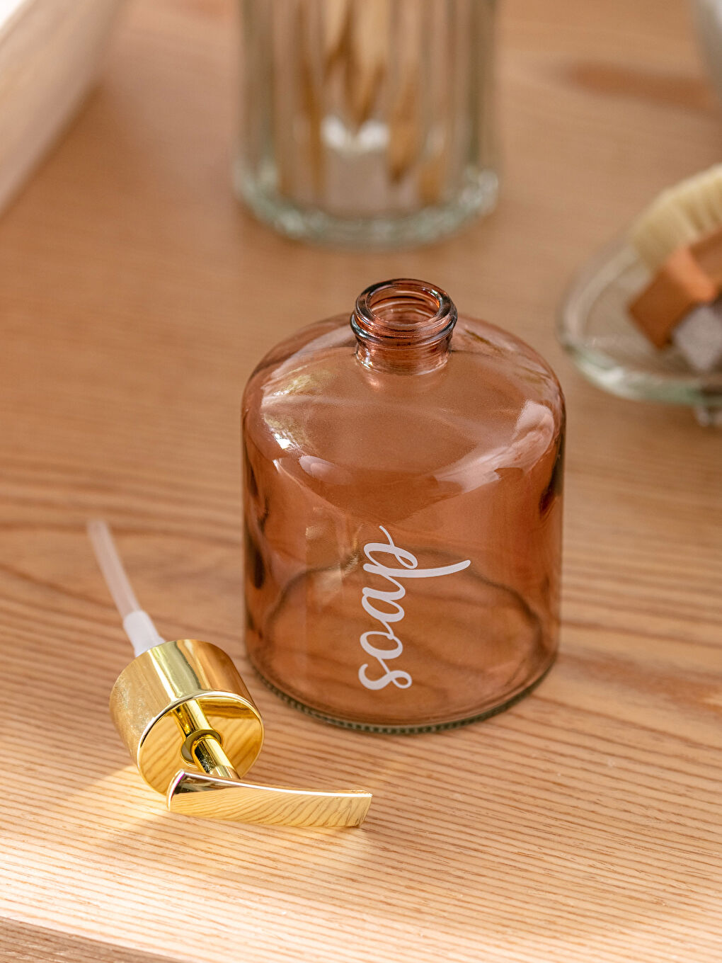 Text Printed Glass Liquid Soap Dispenser 8x8x15 Cm-2