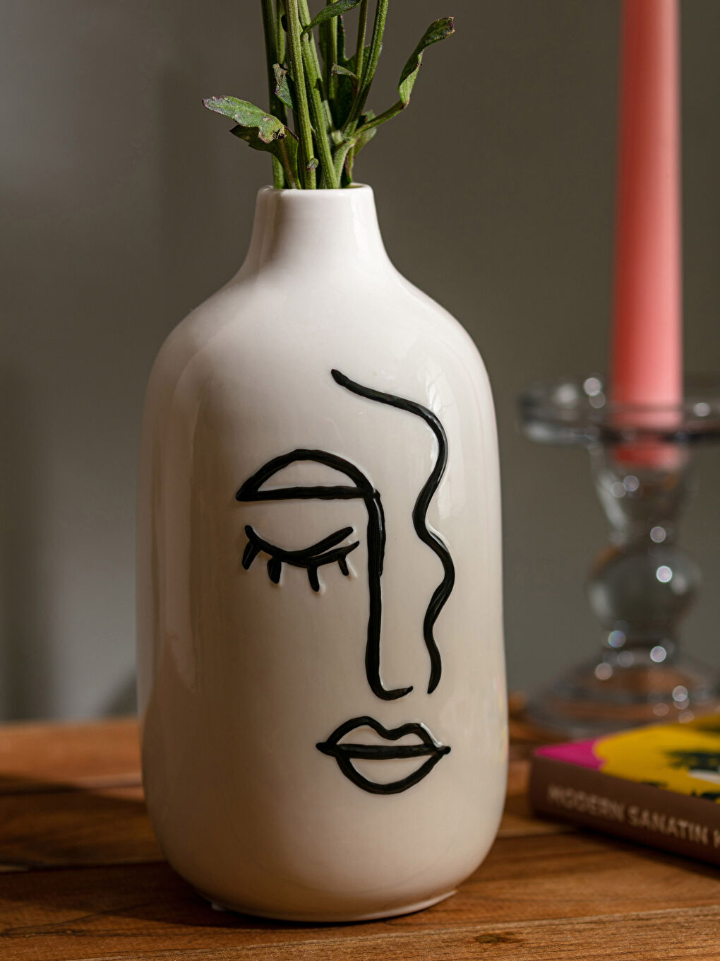 Siyah Yüz Baskılı Seramik Dekoratif Vazo 10x9x20 cm-2