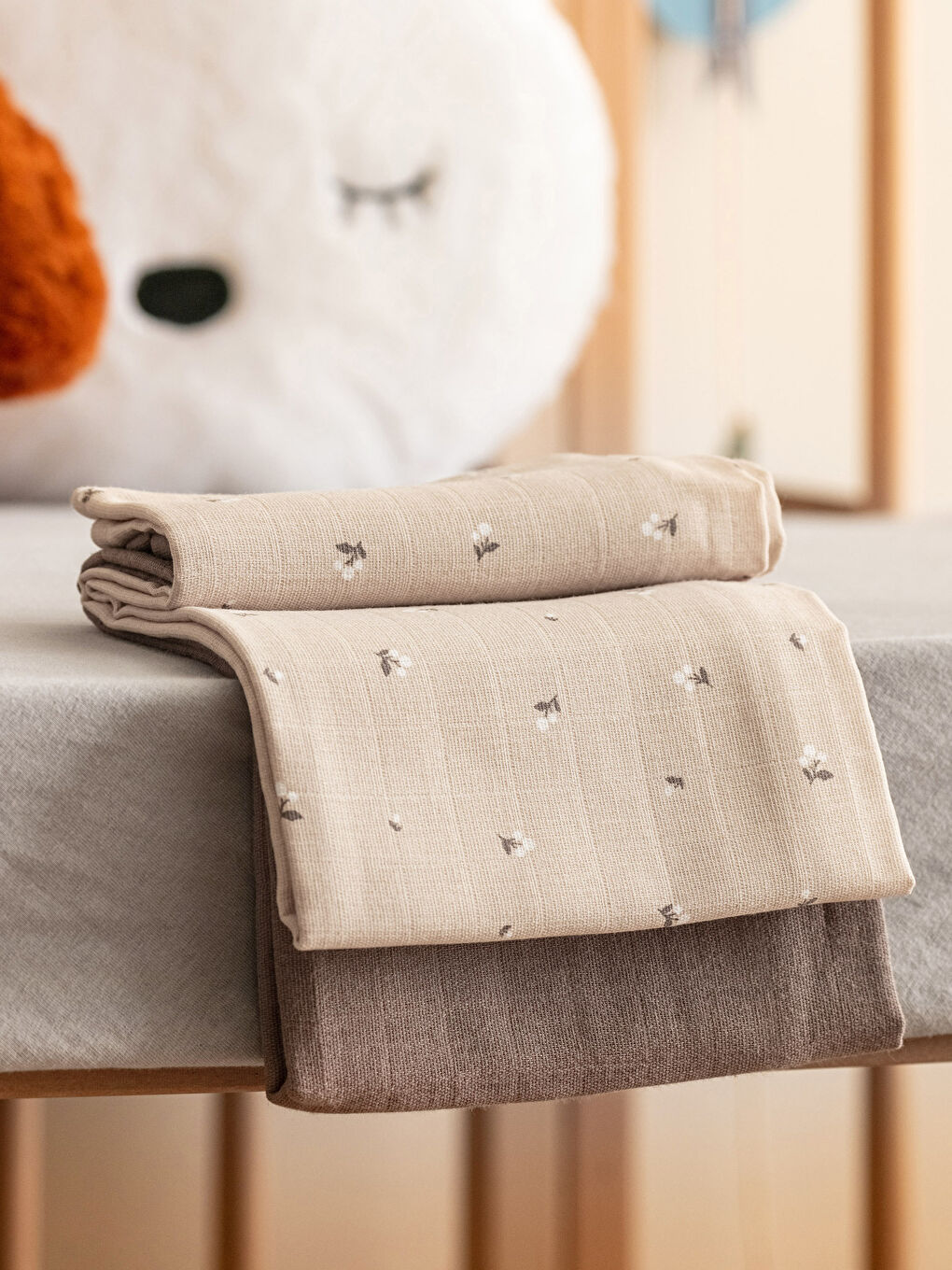 Bej Pamuklu Desenli Bebek Müslin Bez 2'li-2