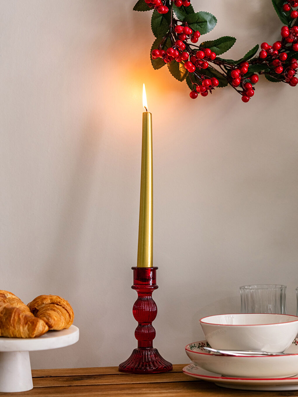 Kırmızı Yılbaşı Temalı Cam Şamdan Mumluk 15 cm