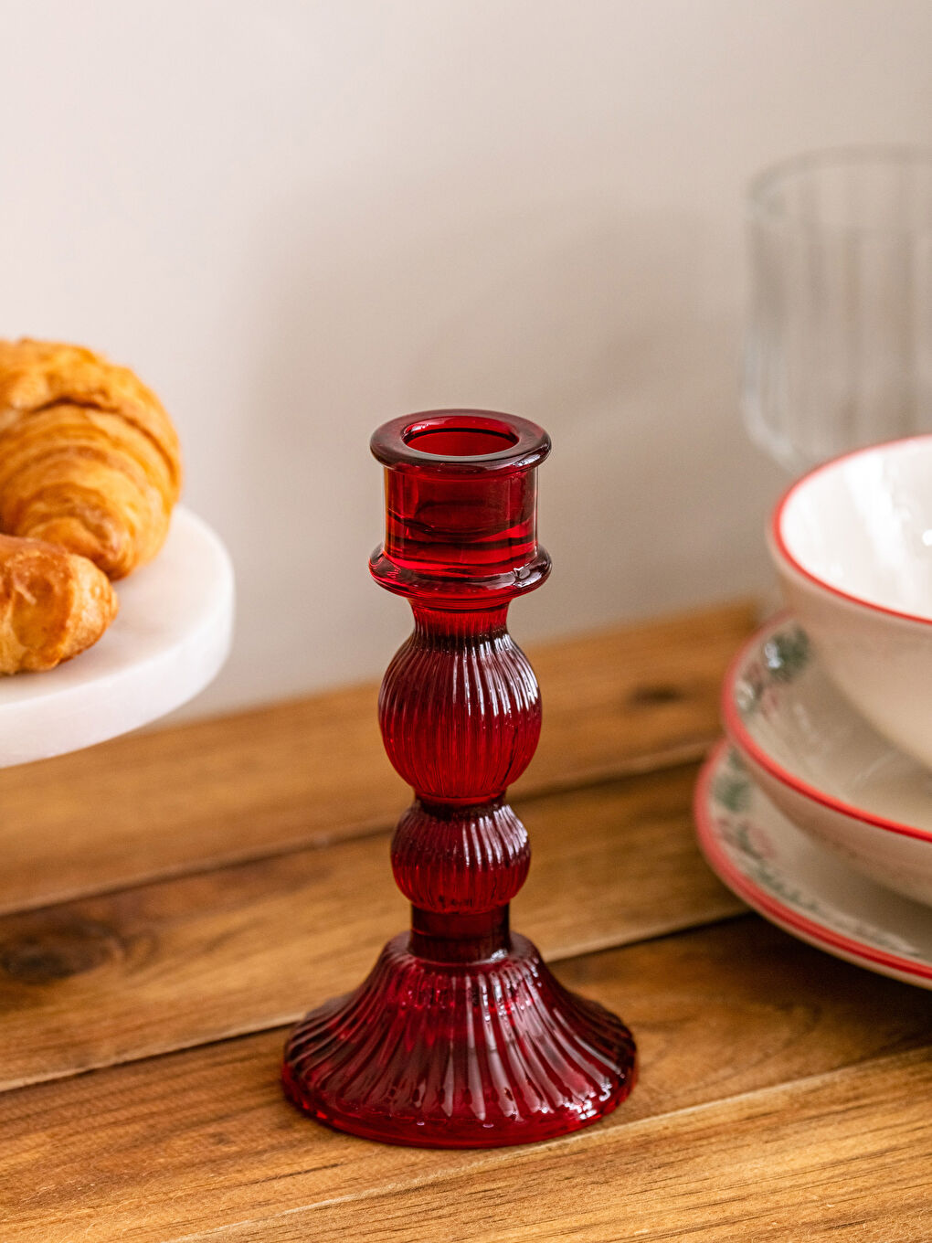 Kırmızı Yılbaşı Temalı Cam Şamdan Mumluk 15 cm-1