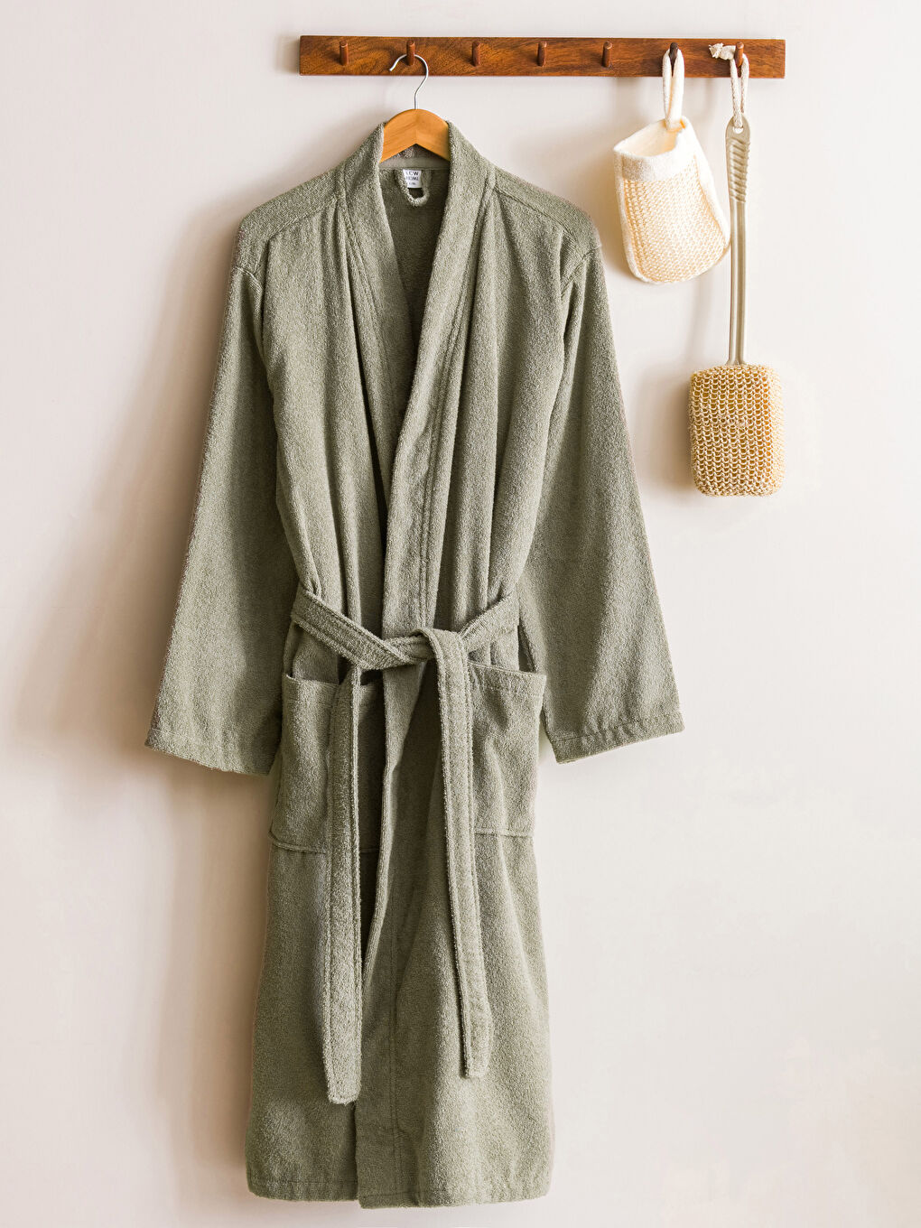 LCW HOME Plain V Neck Cotton Long Men's Bathrobe -W2EQ60Z8-GWK