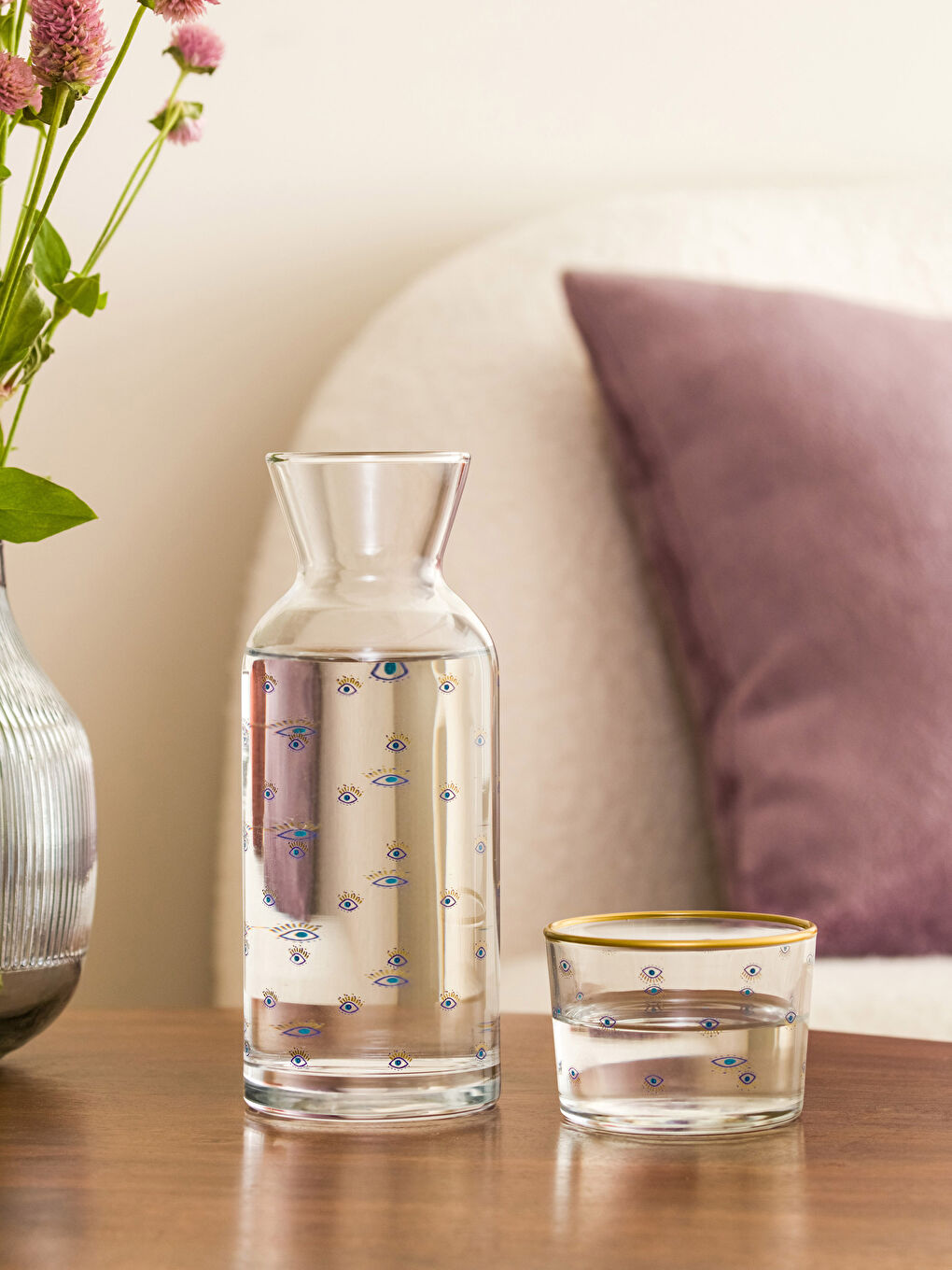 Mavi Baskılı Bardak Kapaklı Cam Karaf Sürahi 700 ml