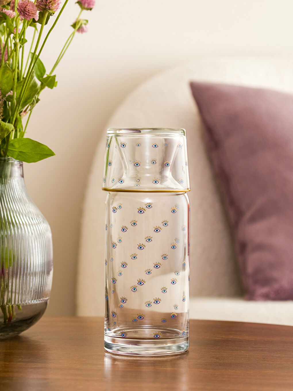 Mavi Baskılı Bardak Kapaklı Cam Karaf Sürahi 700 ml-1