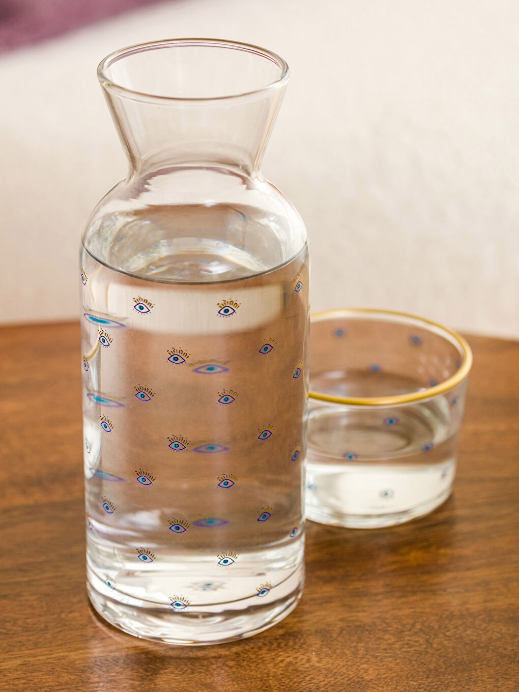 Mavi Baskılı Bardak Kapaklı Cam Karaf Sürahi 700 ml-2