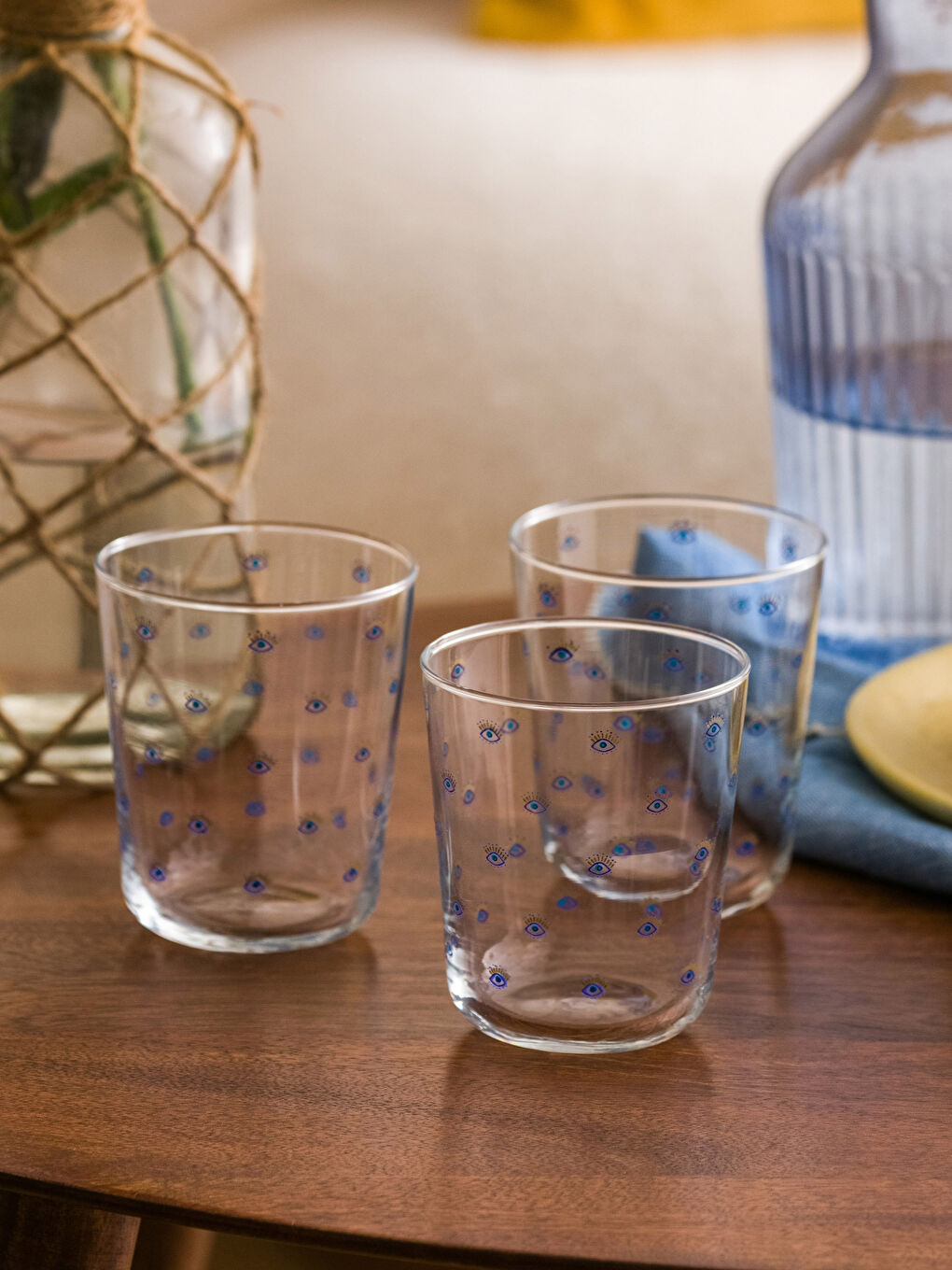 Mavi Baskılı Cam Bardak 3'lü 380 ml-1