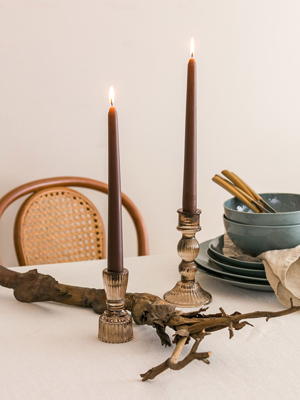 Kahverengi Düz Dekoratif Şamdan Mum 2'li 24 cm