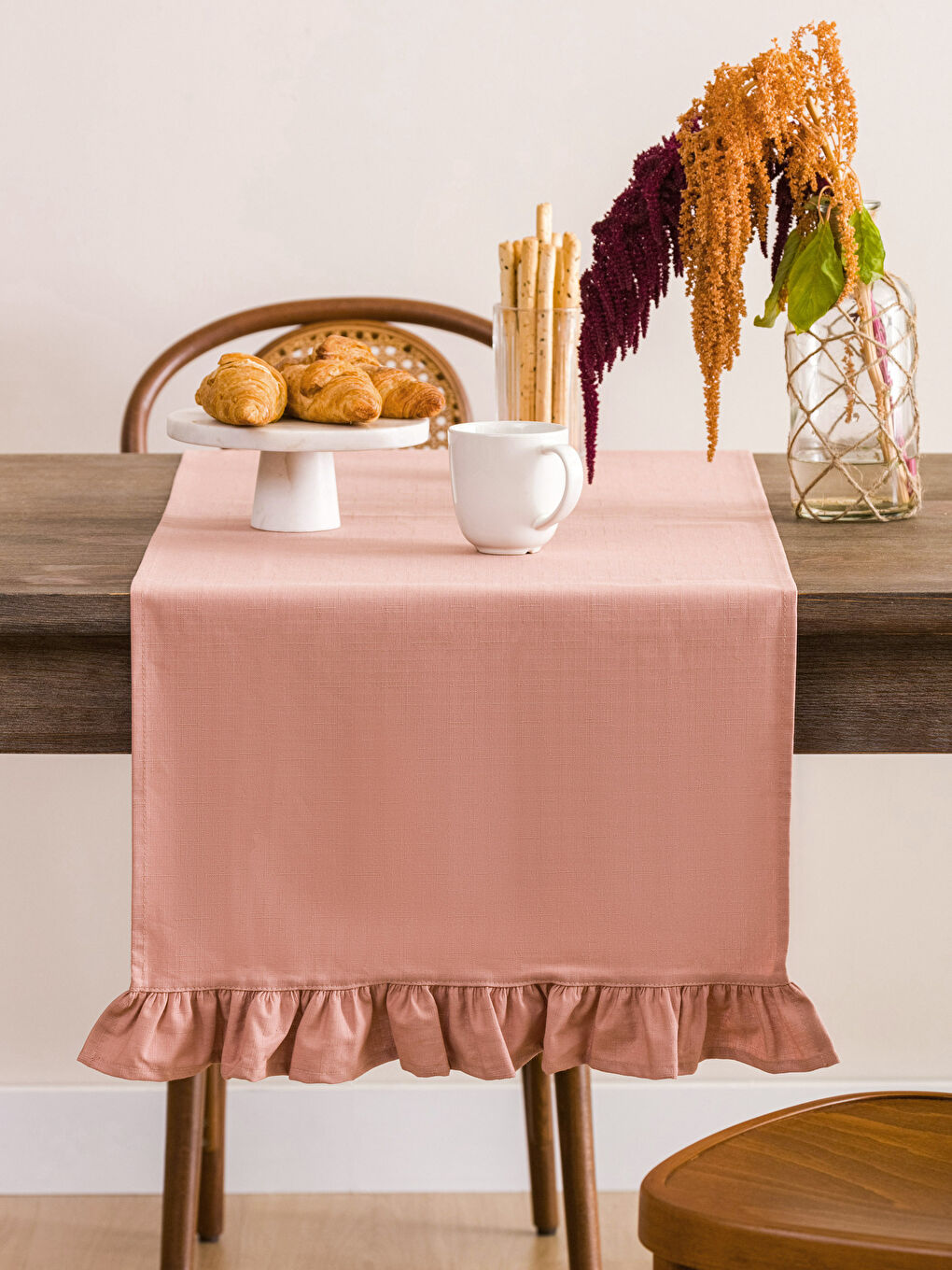 Pembe Fır Fır Detaylı Düz Runner 45x150 cm