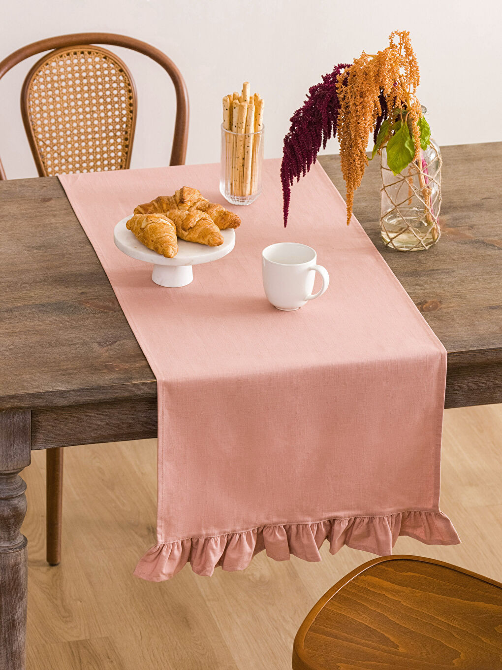 Pembe Fır Fır Detaylı Düz Runner 45x150 cm-1