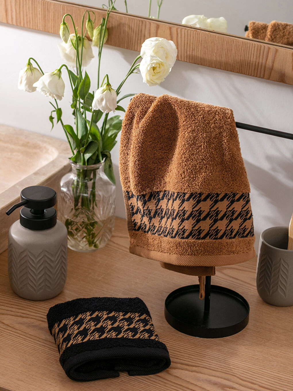 Kahverengi Nakışlı El Havlusu 2'Li 30x50 cm