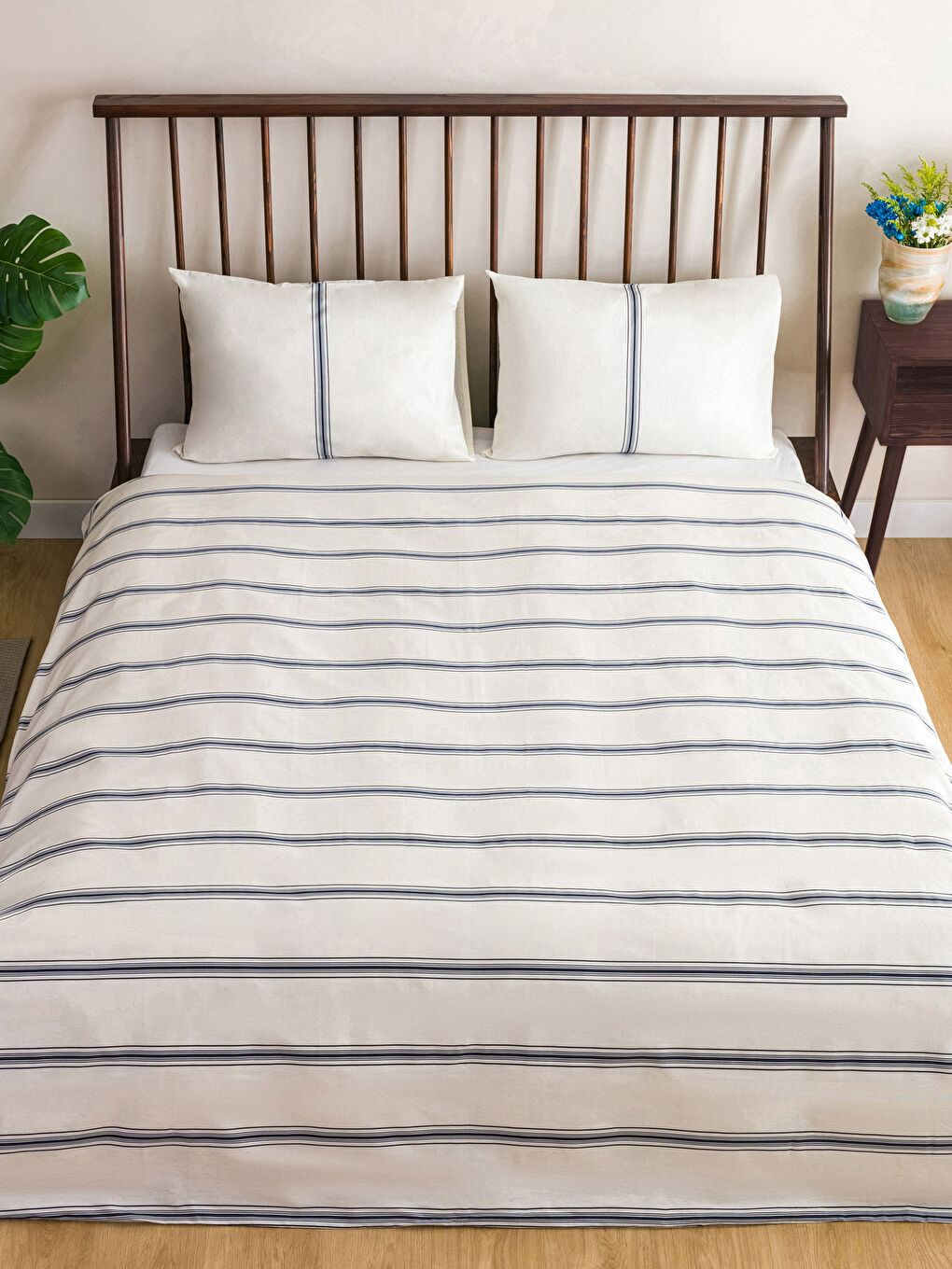 Lacivert Çizgili Pamuklu Çift Kişilik Nevresim Seti-1