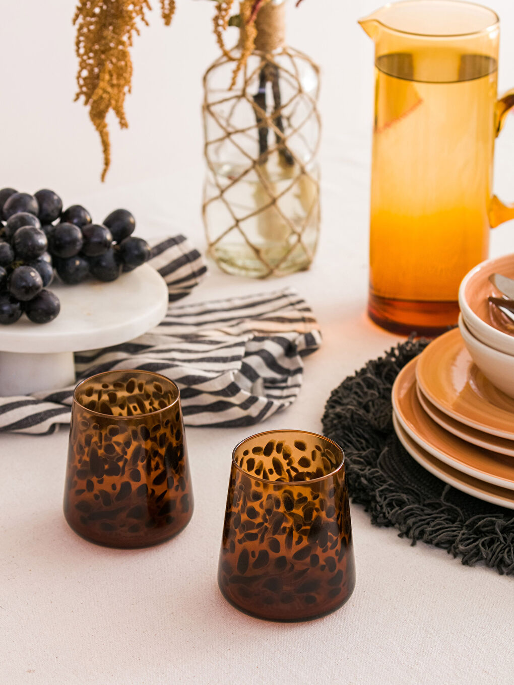 Kahverengi Desenli Cam Bardak 2'li 380 ml-1