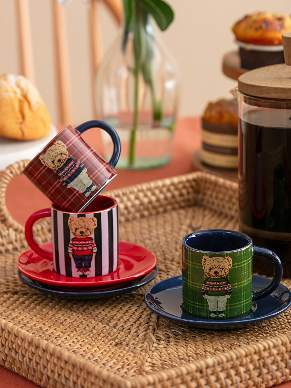 Teddy Bear Printed Porcelain Coffee Cup Set for 3 Persons 90 Ml-2