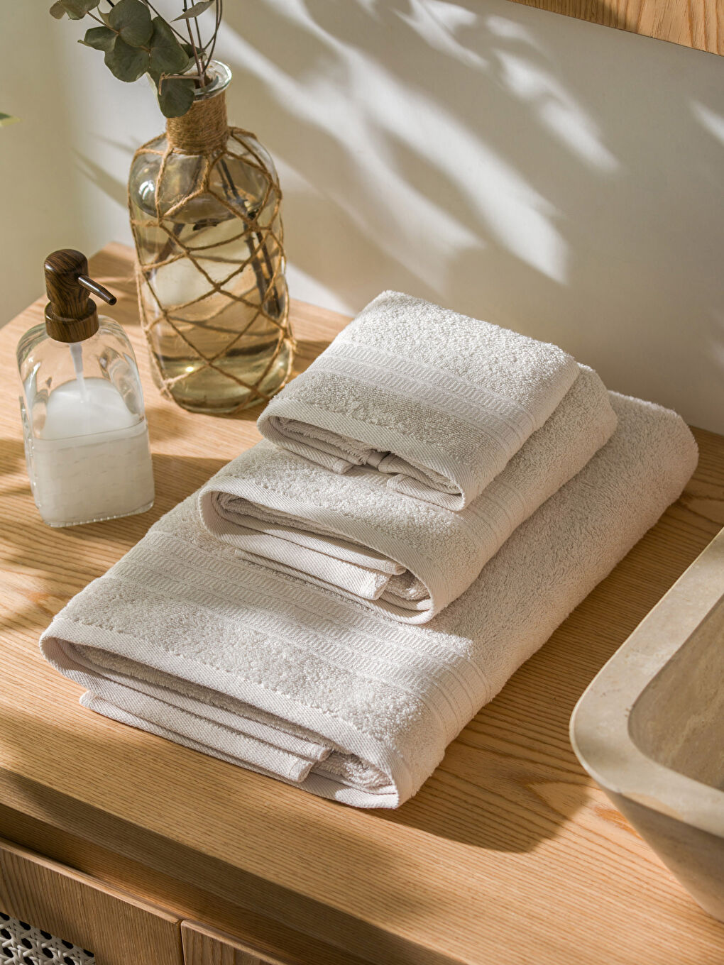 Bej Pamuklu Havlu Seti 3'lü