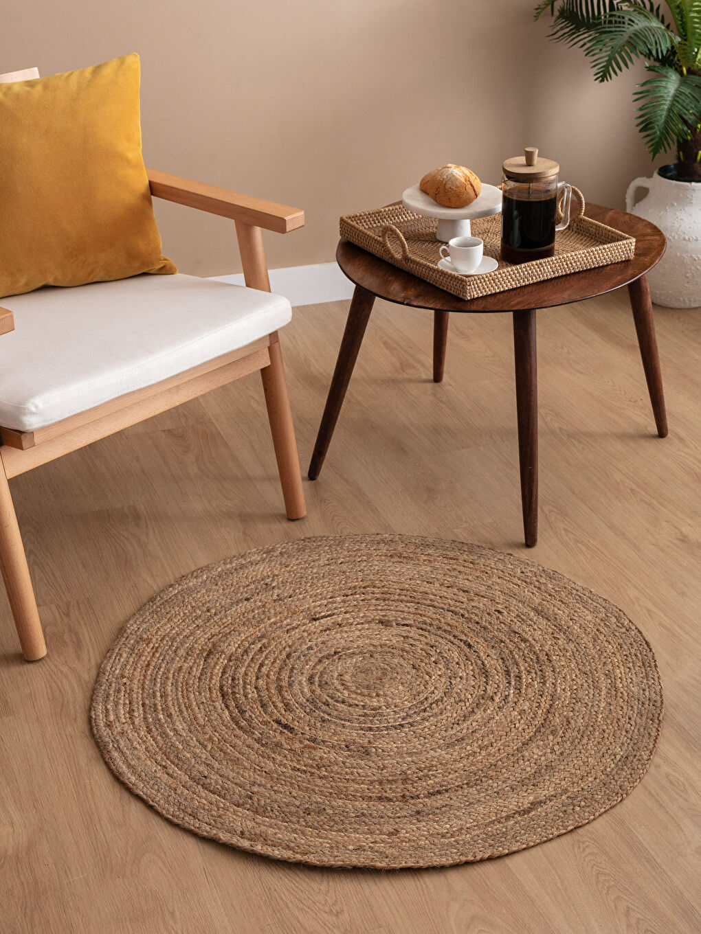 Kahverengi Jüt Yuvarlak Halı 90x90 cm