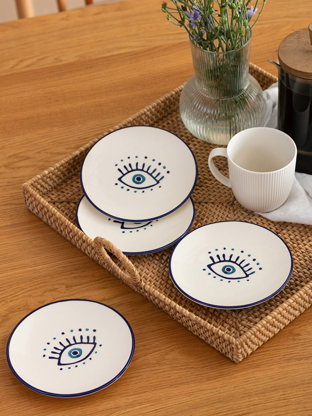 Mavi Göz Desenli Seramik Tatlı Tabağı 4'lü-1