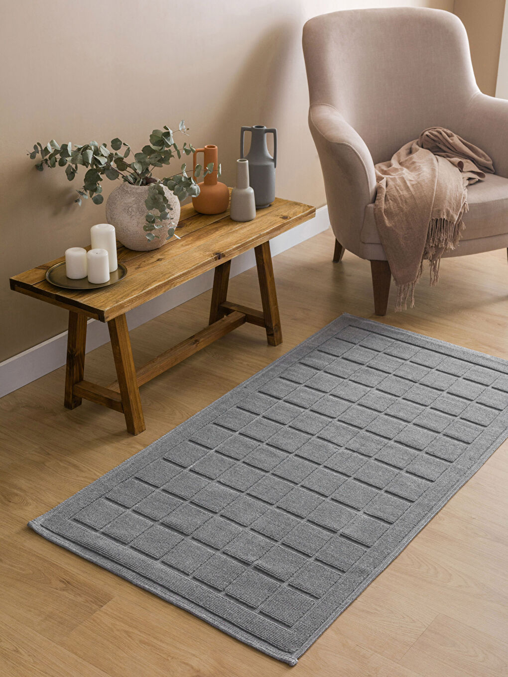 LCW HOME Gri Dama Desenli Halı 80x150 cm