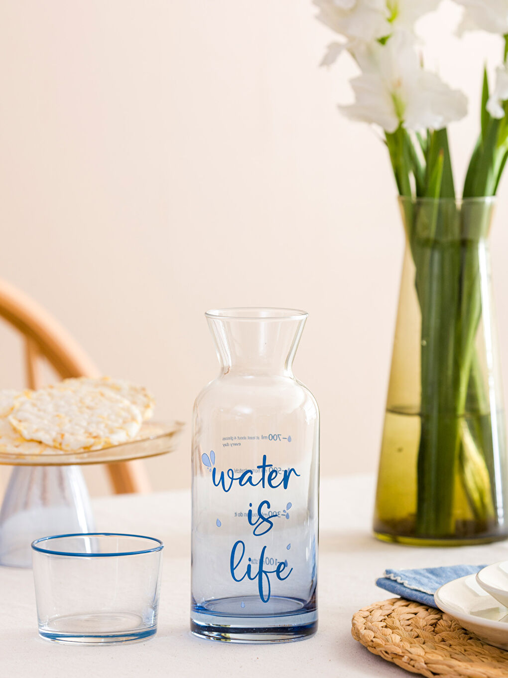 Mavi Bardak Kapaklı Cam Karaf Sürahi 700 ml-2