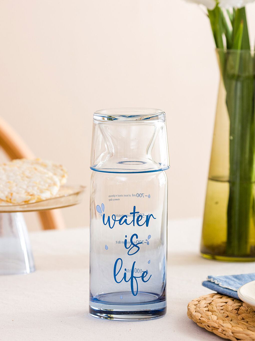 Mavi Bardak Kapaklı Cam Karaf Sürahi 700 ml-3