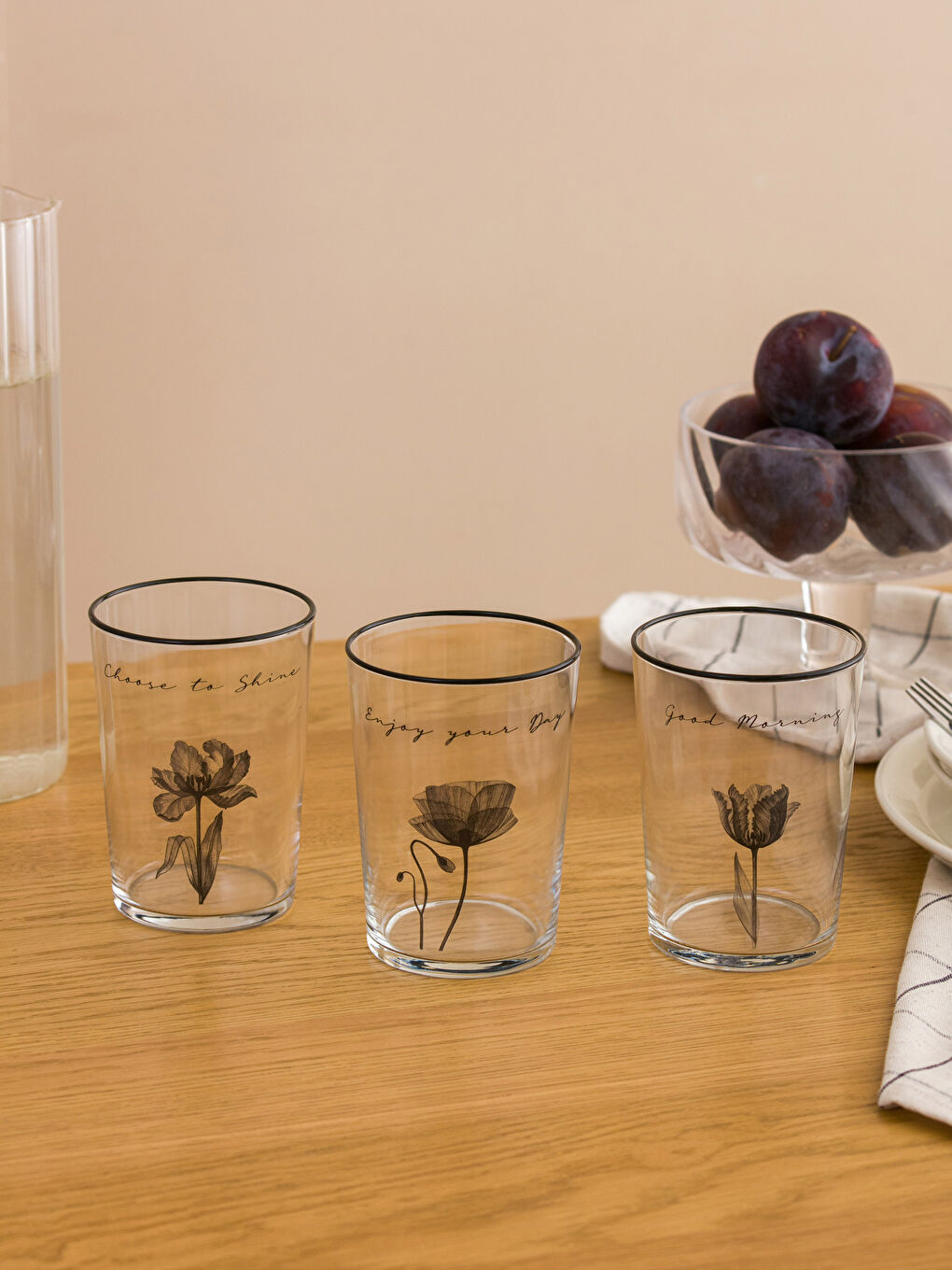 Siyah Çiçek Desenli Cam Bardak Seti 3'lü-2