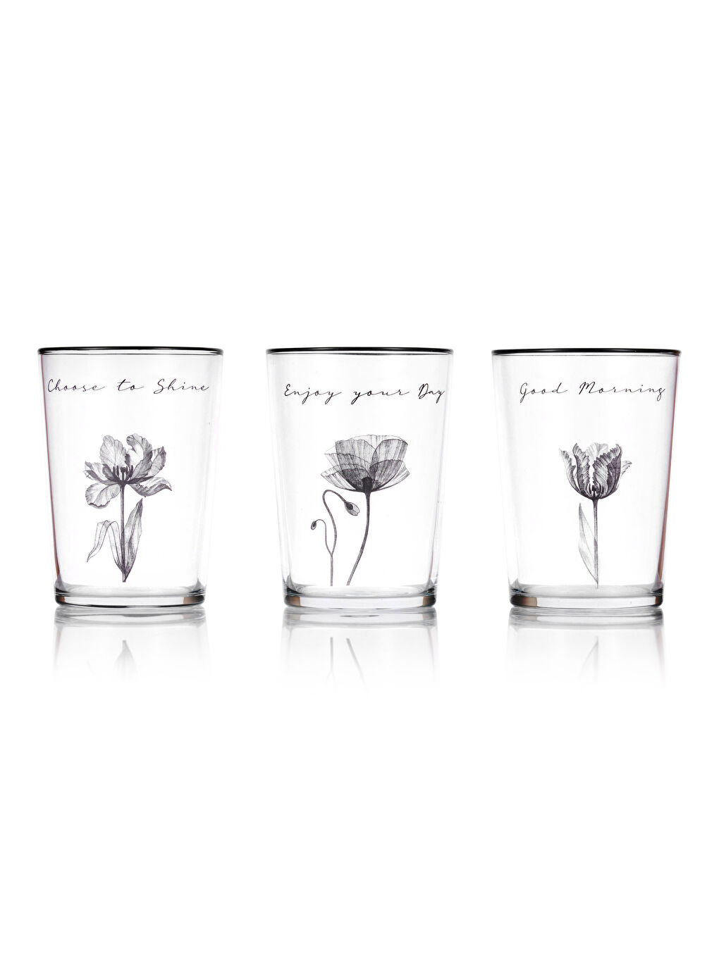 Siyah Çiçek Desenli Cam Bardak Seti 3'lü-4