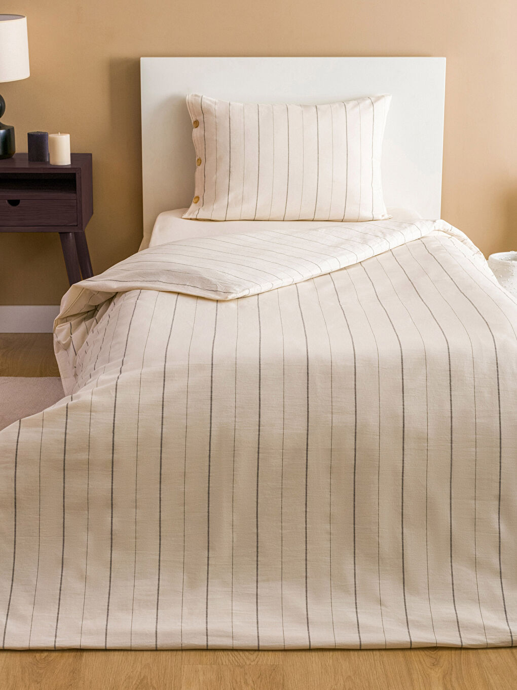 Ekru Çizgili Tek Kişilik Nevresim Takımı