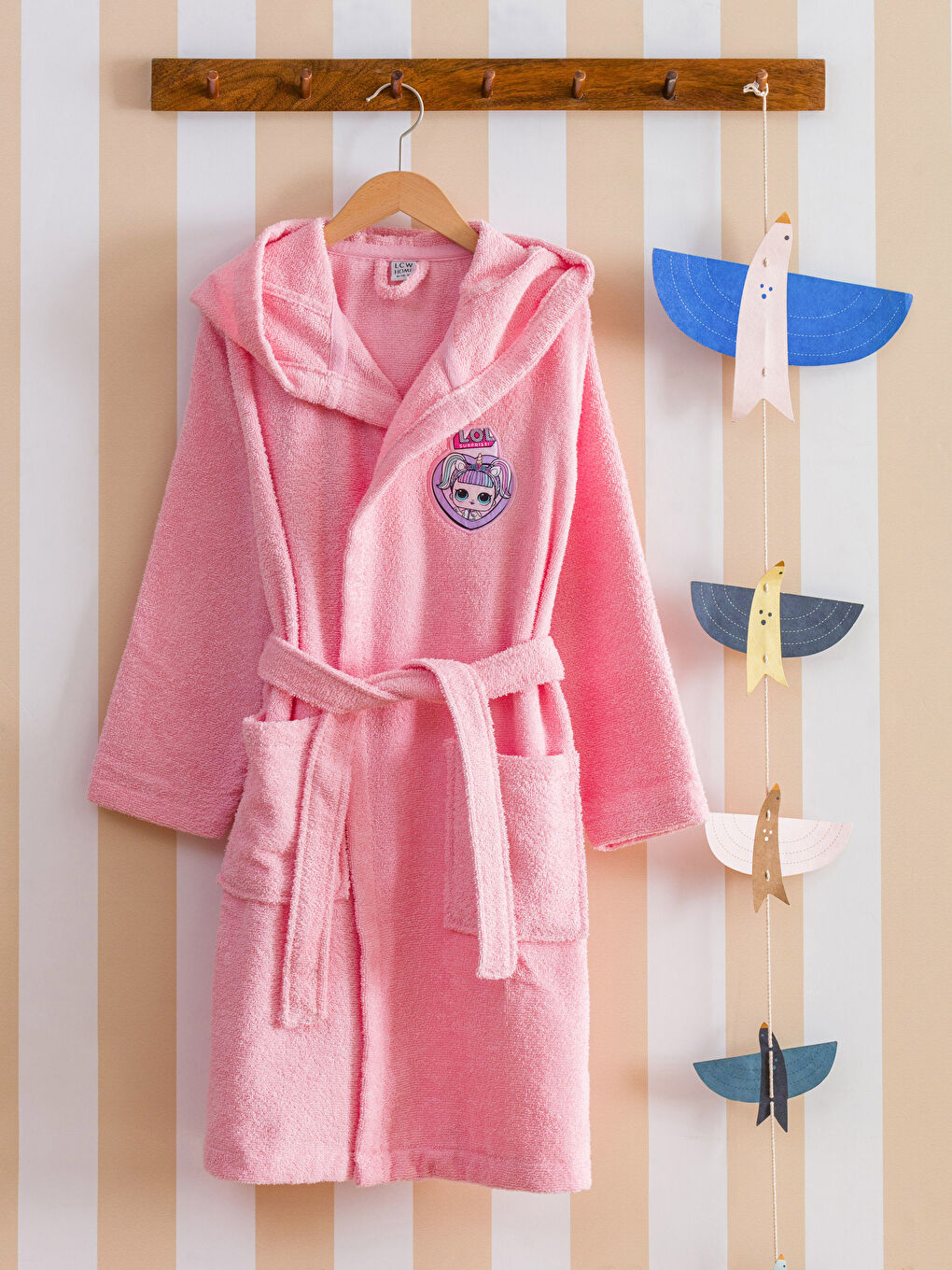 Pembe Baskılı Kız Çocuk Bornoz