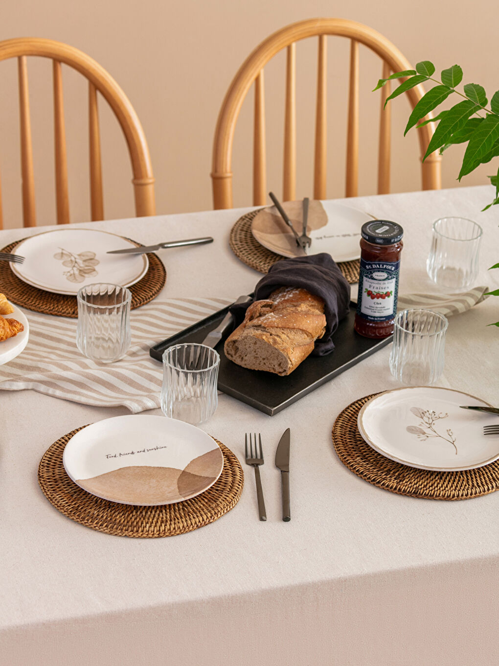 Bej Baskılı Seramik Pasta Tabağı Seti 4'lü-1