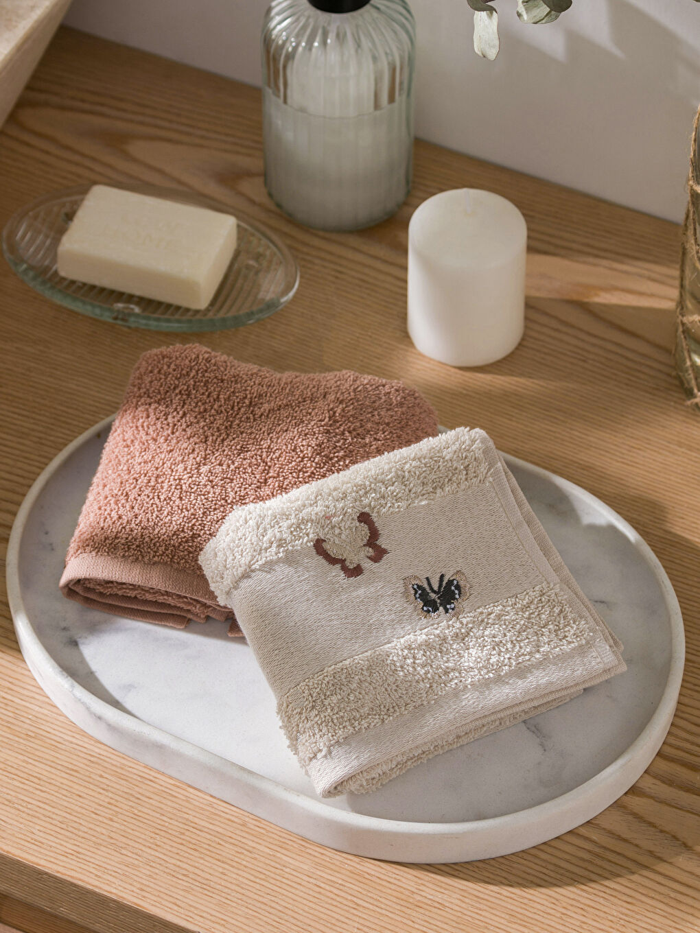 Bej Desenli Pamuklu El Havlusu 2'li  30x50 cm