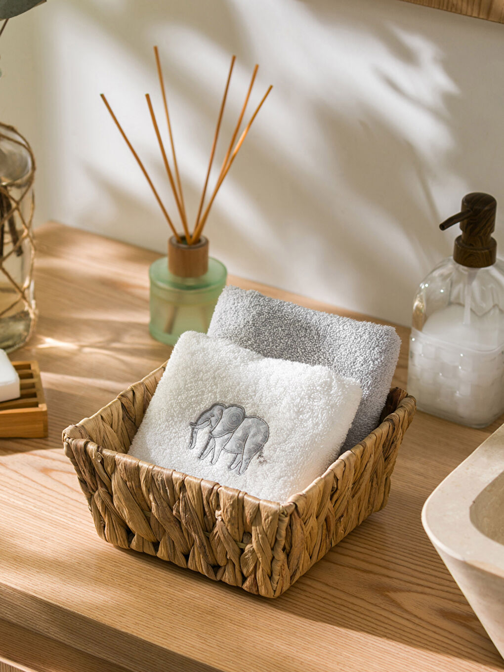 Ekru Fil Nakışlı El Havlusu 2'li 30x50 cm-1