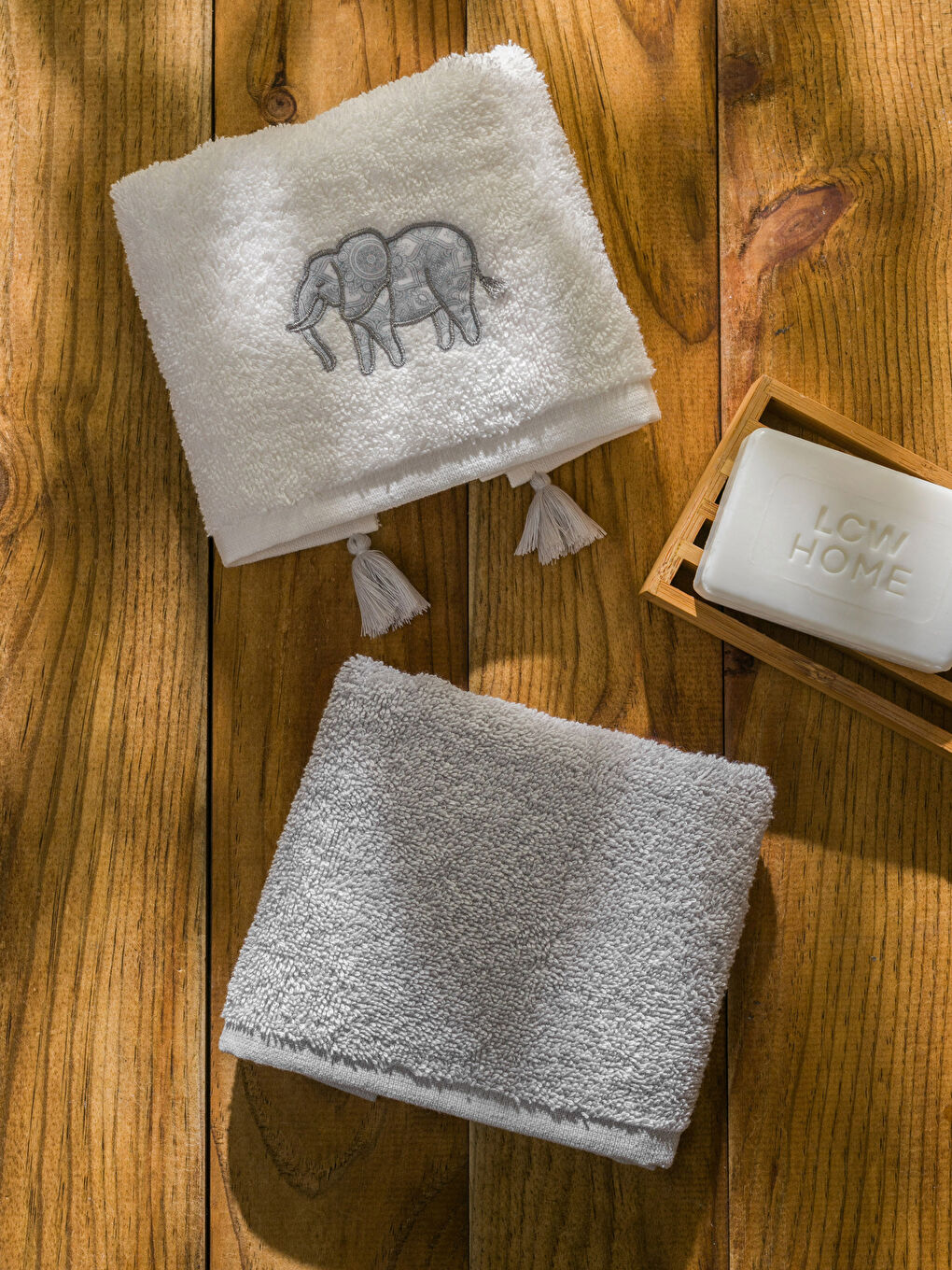 Ekru Fil Nakışlı El Havlusu 2'li 30x50 cm-2