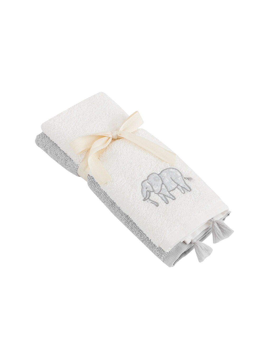Ekru Fil Nakışlı El Havlusu 2'li 30x50 cm-4