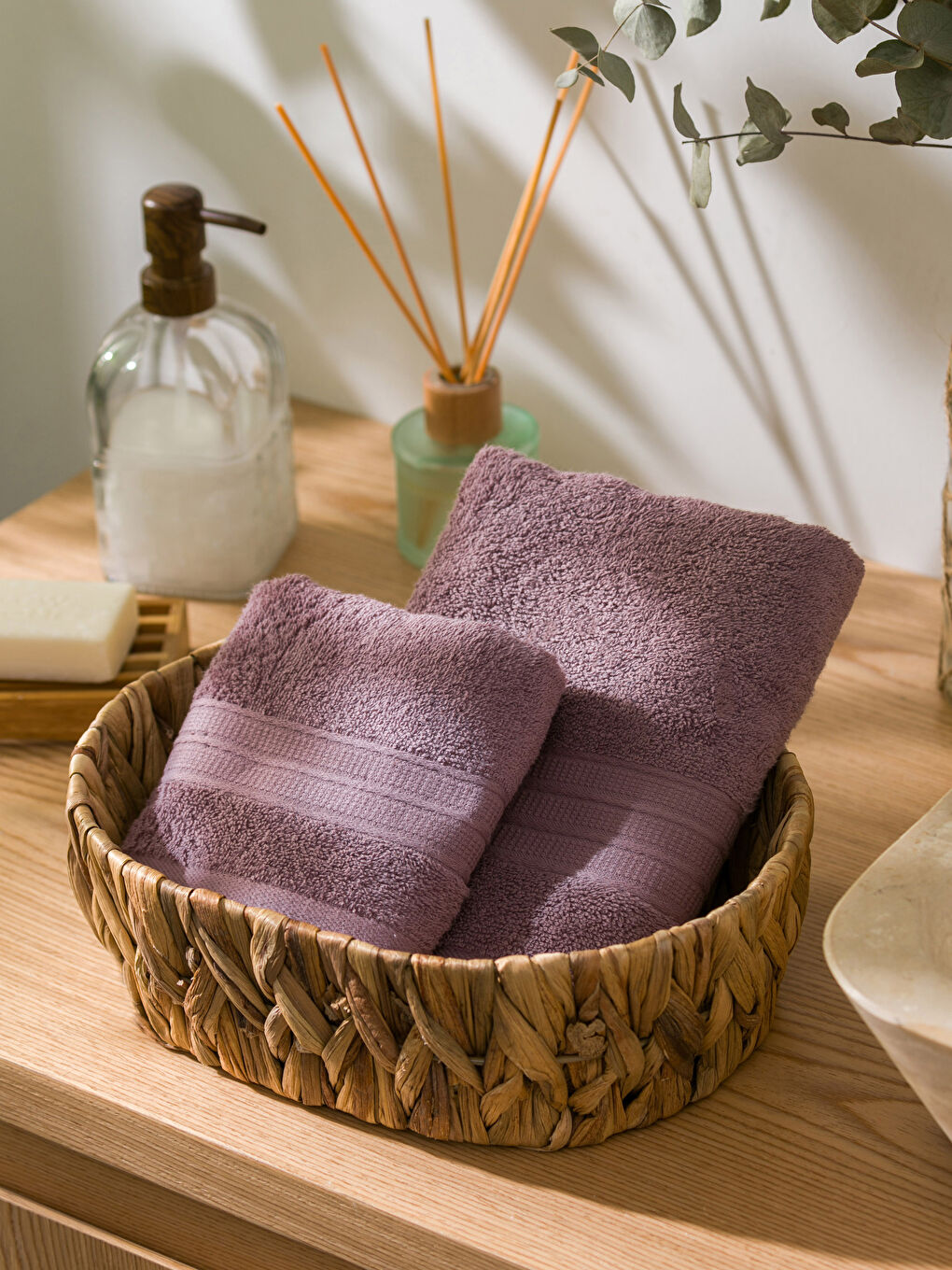 Mor Çizgili Pamuklu Havlu Seti 2'li