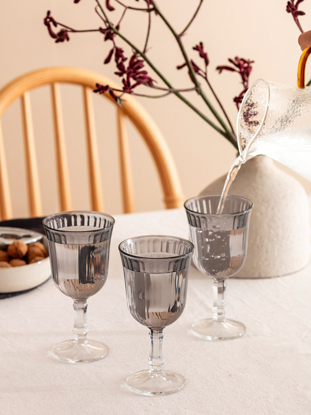 Antrasit Cam Ayaklı Su Bardağı 3'lü 240 ml