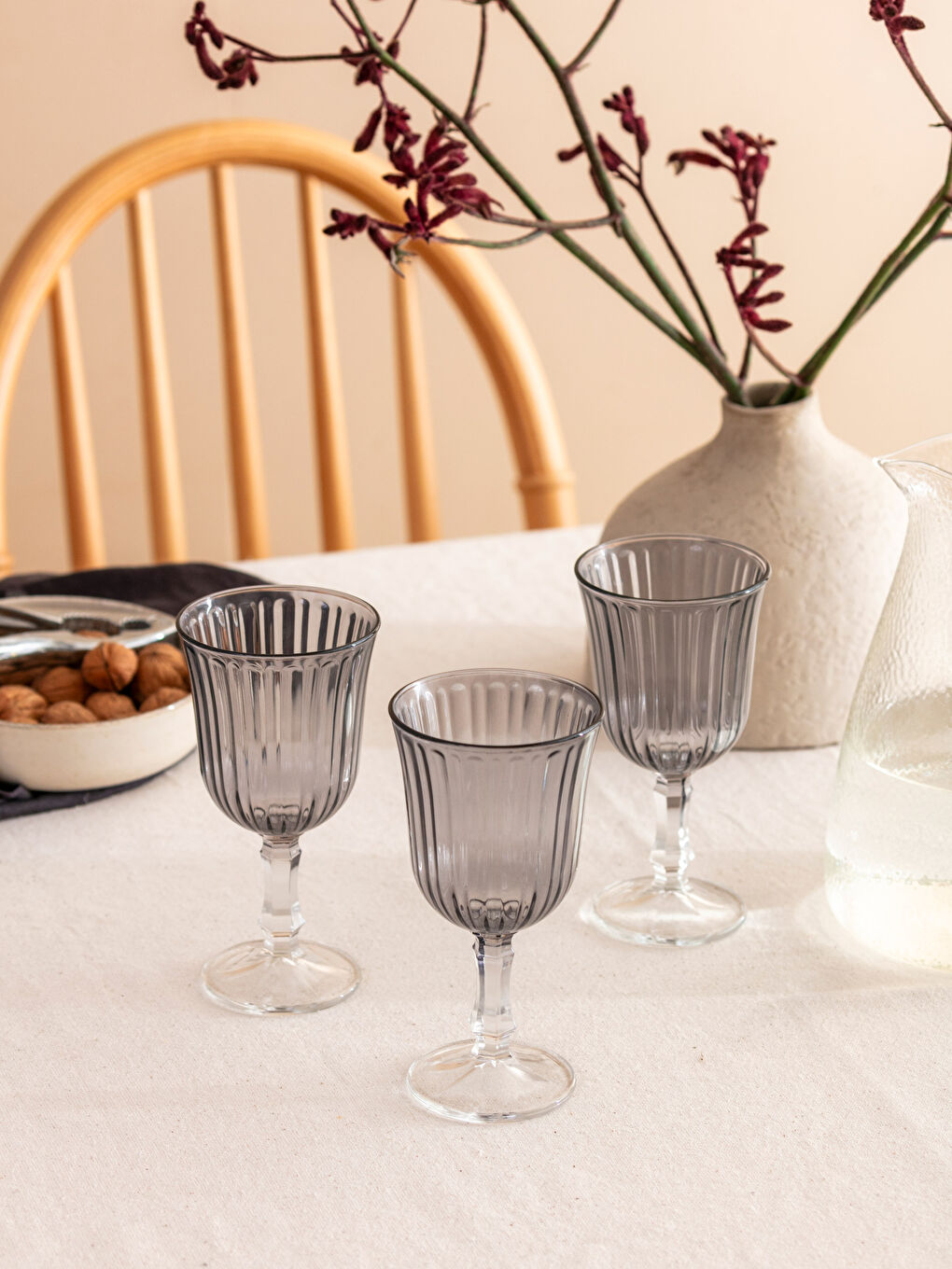 Antrasit Cam Ayaklı Su Bardağı 3'lü 240 ml-2