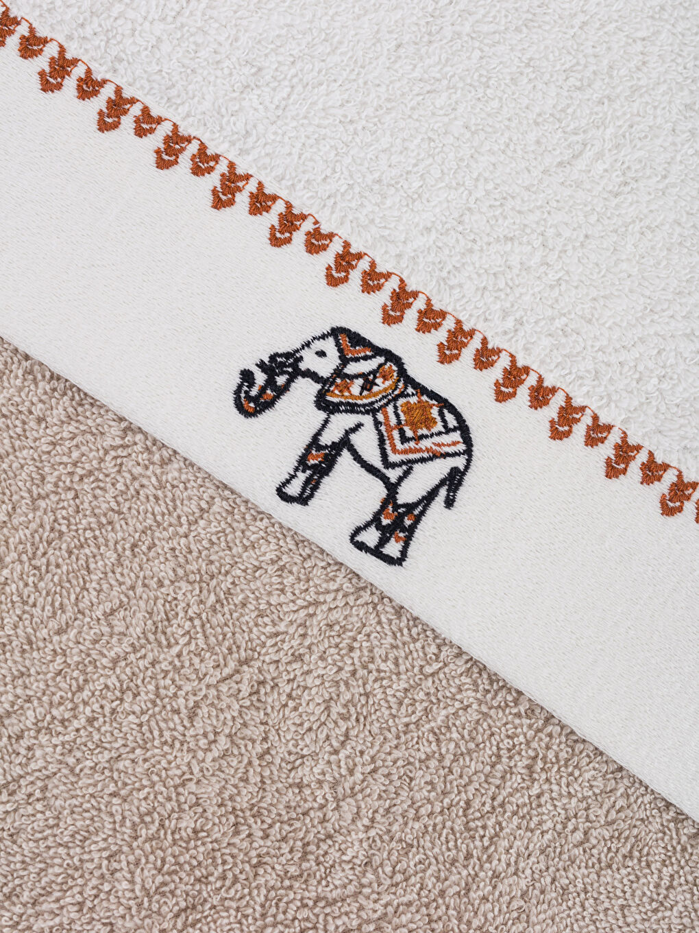 Ekru Fil Nakışlı El Havlusu 2'li 30x50 cm-3