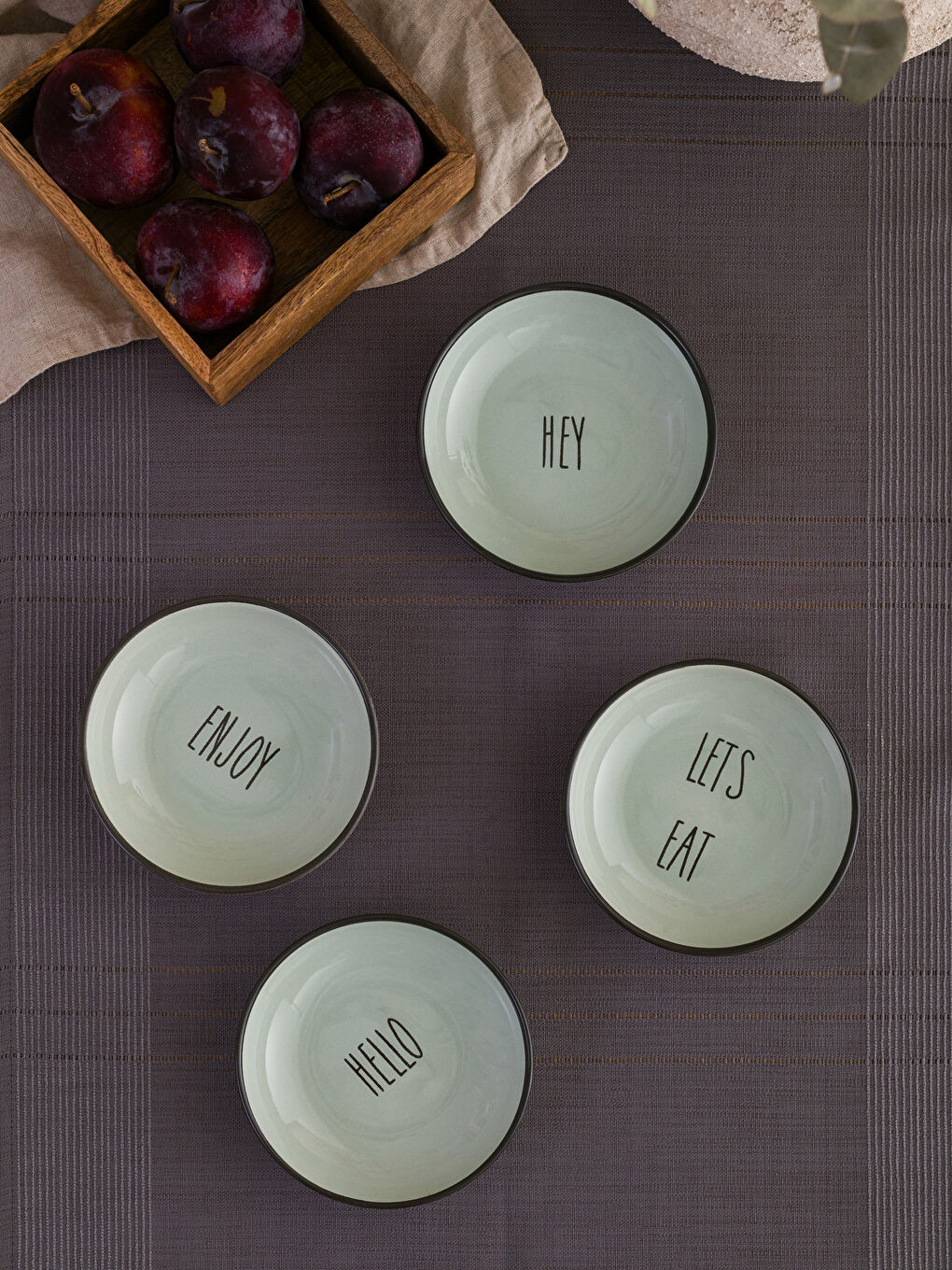 Yeşil Baskılı Seramik Kase Seti 4'lü 13 cm-1