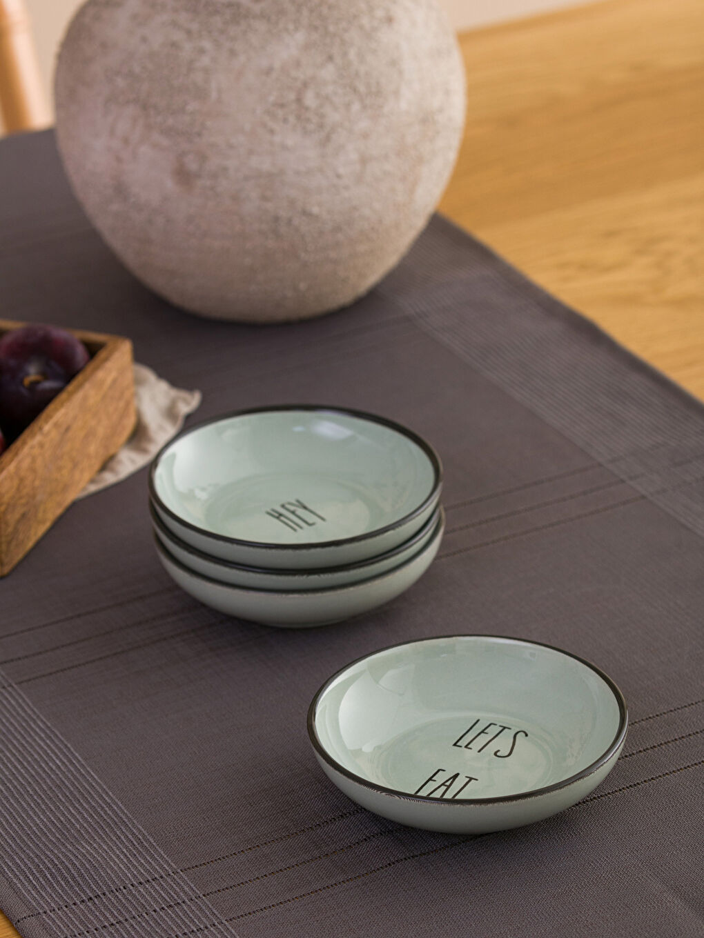 Yeşil Baskılı Seramik Kase Seti 4'lü 13 cm-2