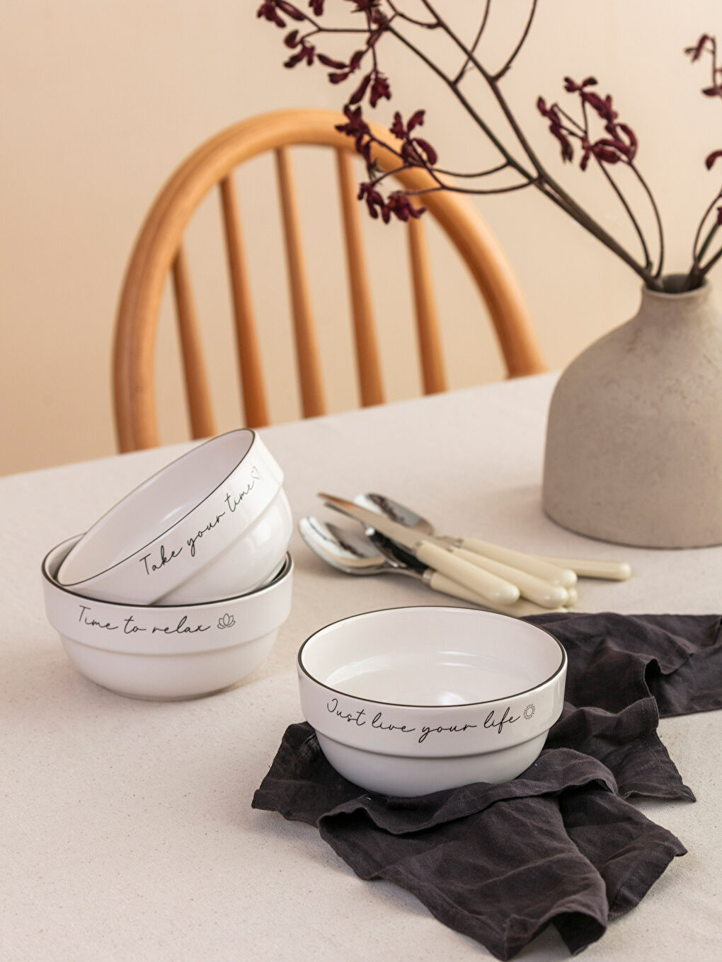 Siyah Baskılı Seramik Kase Seti 3'lü 14 cm