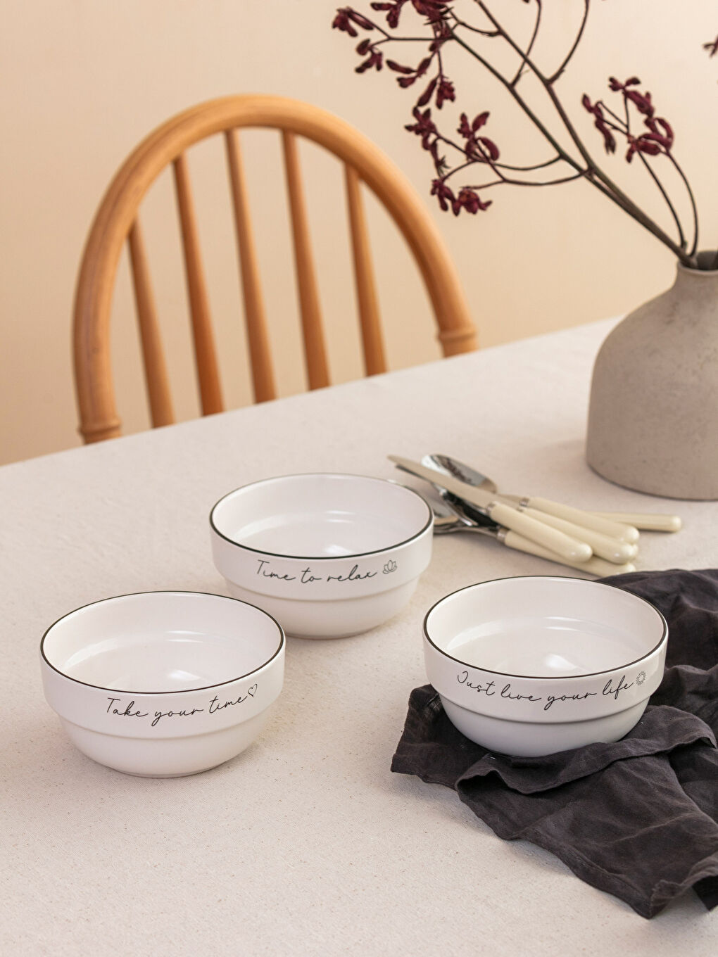 Siyah Baskılı Seramik Kase Seti 3'lü 14 cm-1