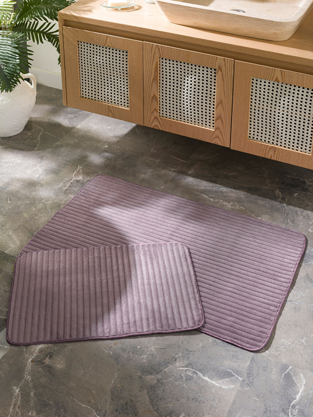 Bordo Çizgili Banyo Paspası Seti 2'li