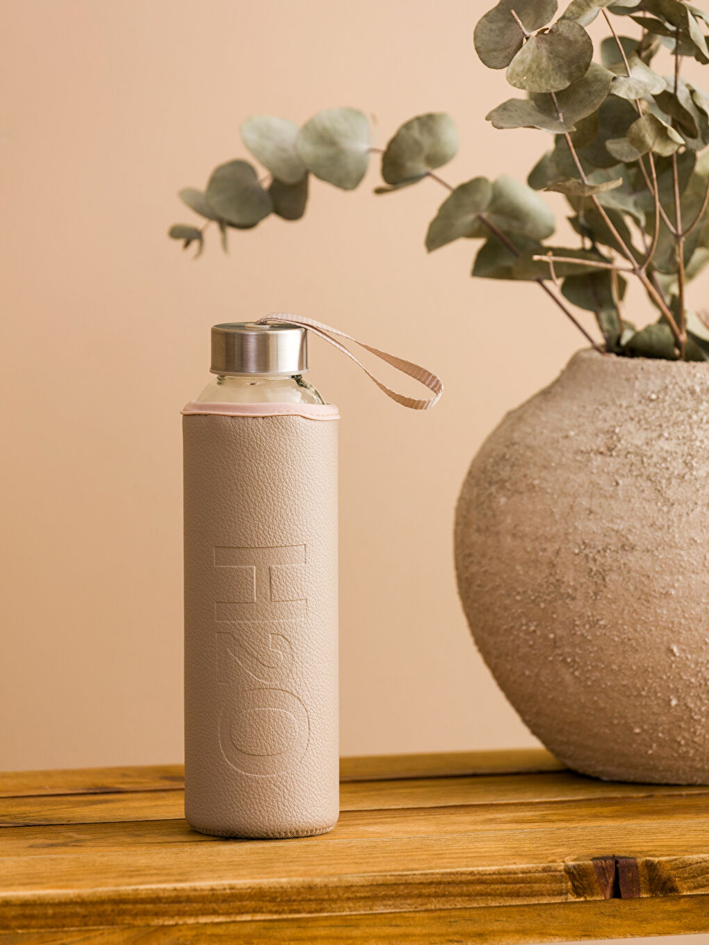 Bej Baskılı Kılıflı Cam Matara 500 ml