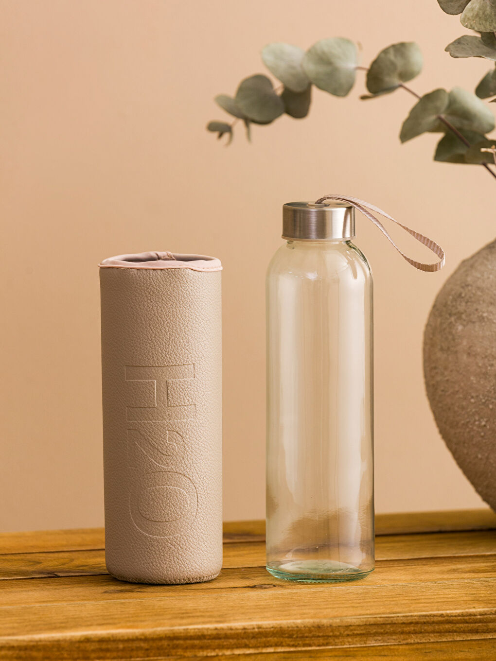 Bej Baskılı Kılıflı Cam Matara 500 ml-1