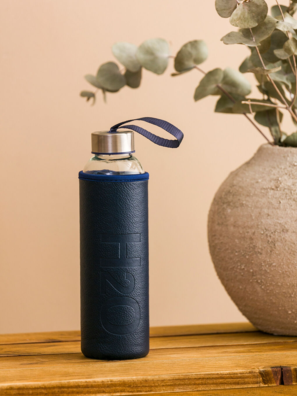 Lacivert Baskılı Kılıflı Cam Matara 500 ml