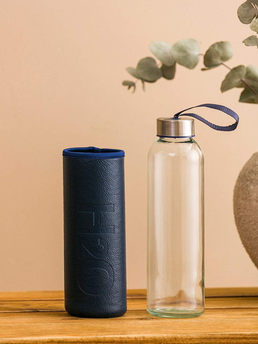 Lacivert Baskılı Kılıflı Cam Matara 500 ml-1
