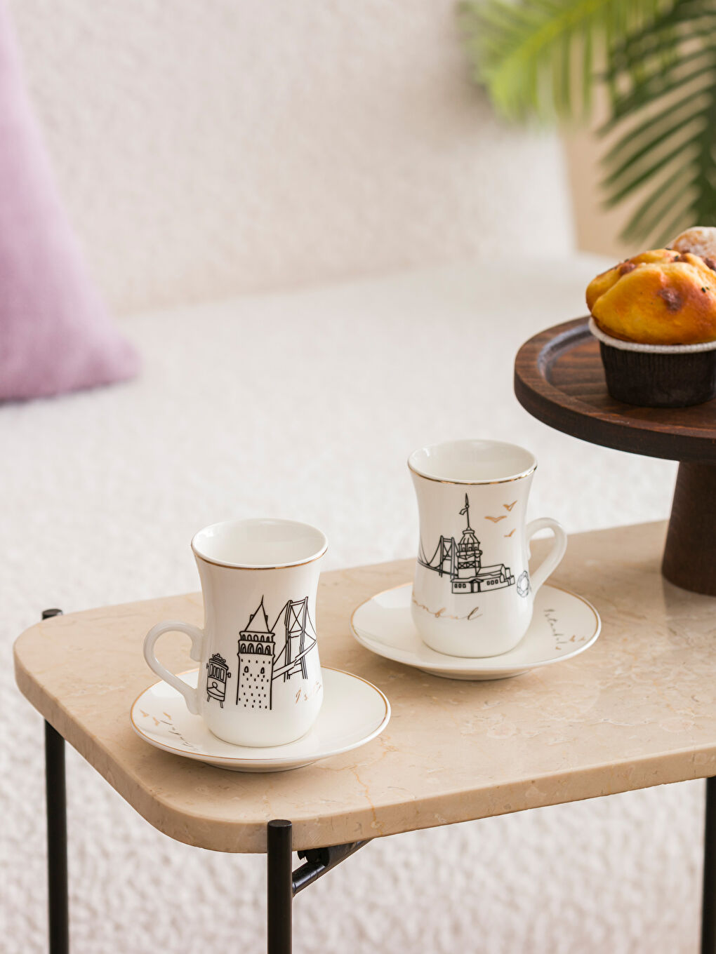 Siyah Baskılı 2 Kişilik Seramik Kahve Fincan Takımı