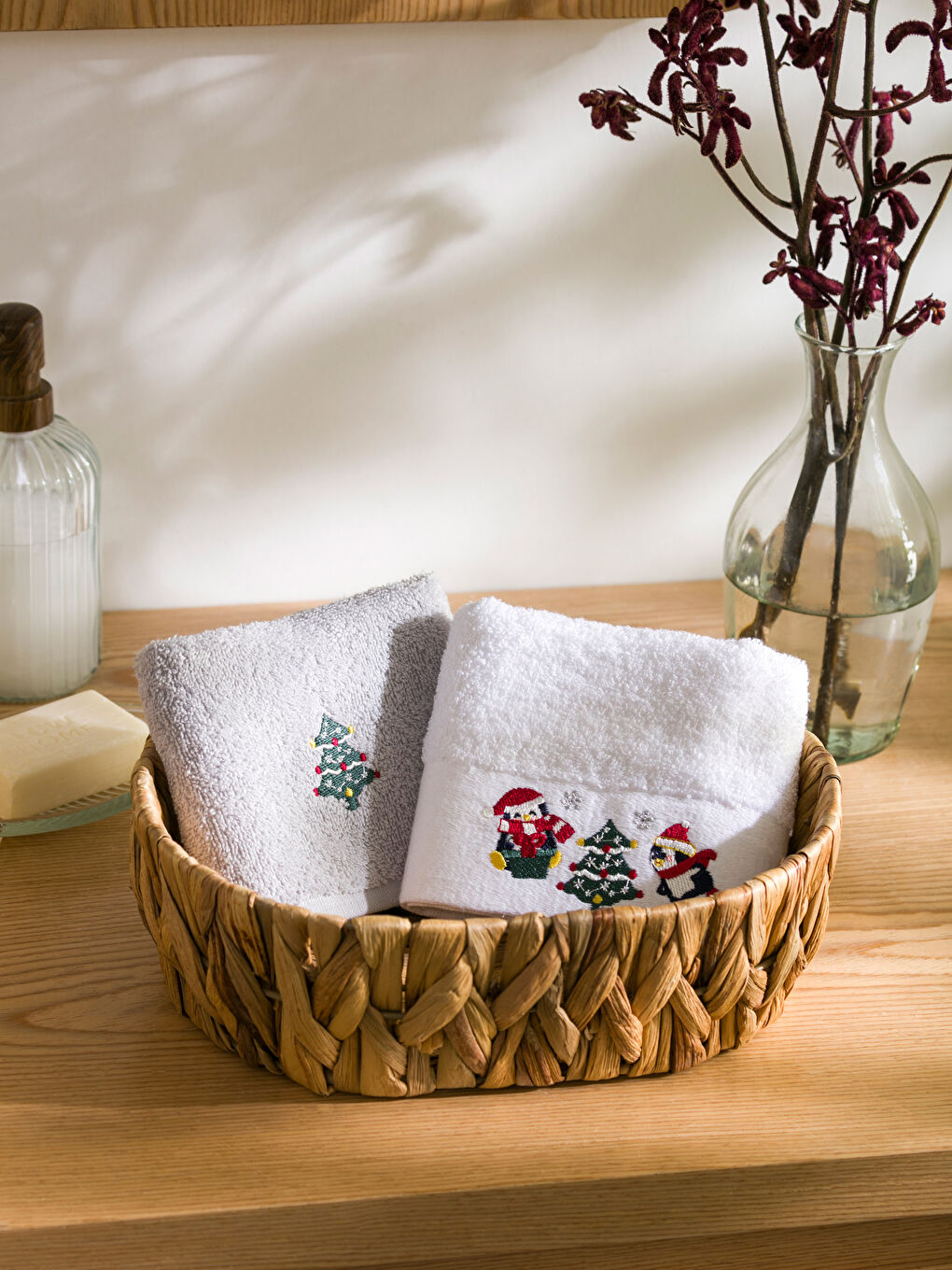 Beyaz Yılbaşı Temalı El Havlusu 2'li 30x50 cm-1