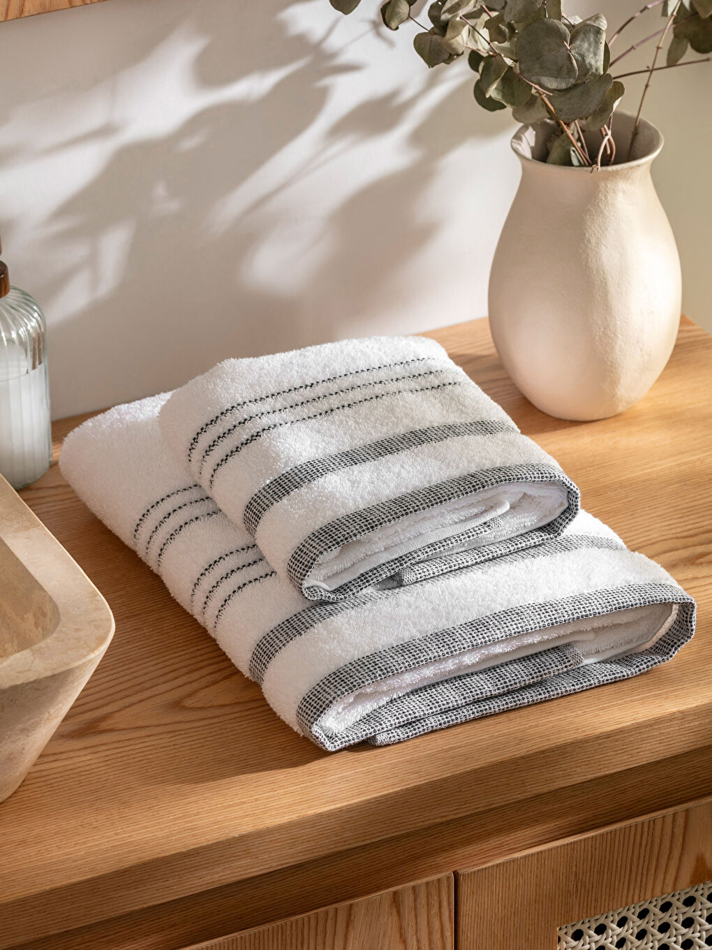 Beyaz Çizgili Pamuklu Havlu Seti 2'li-1